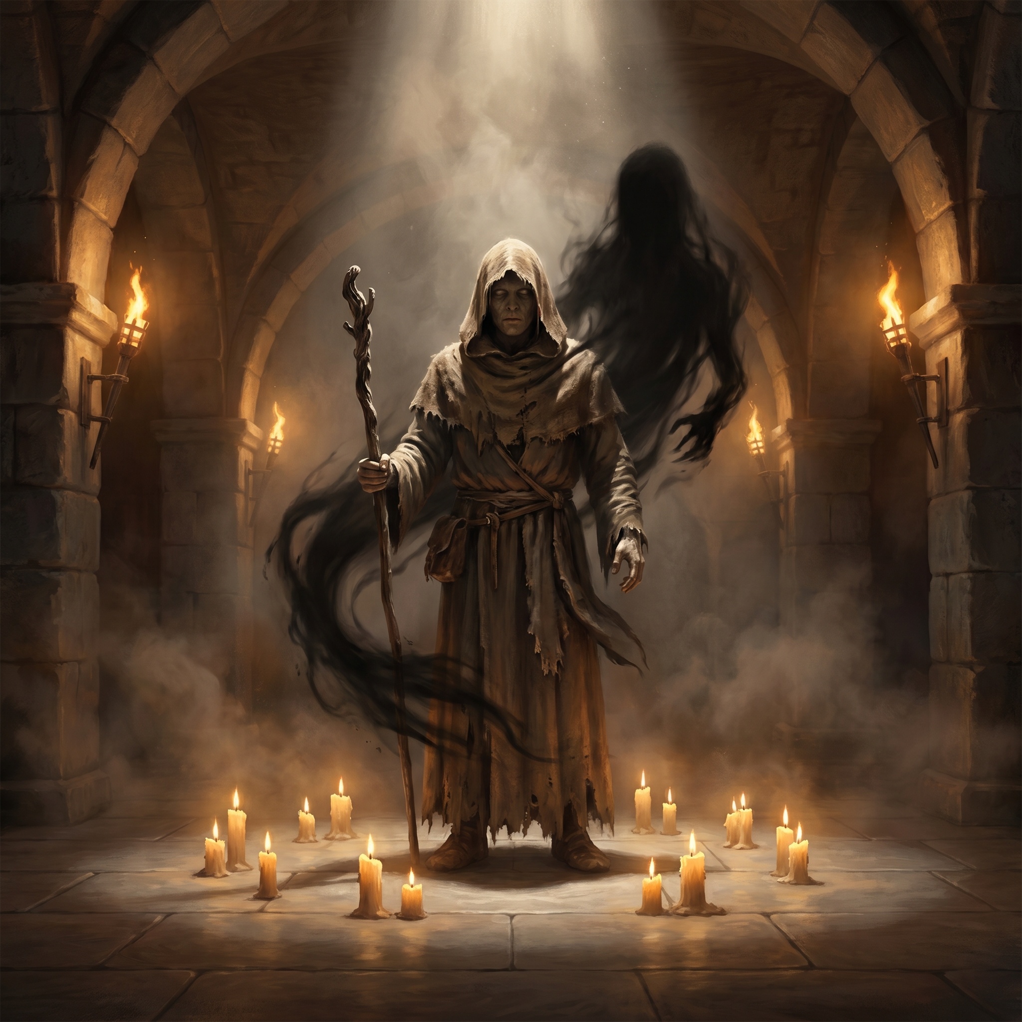A vacant-eyed cult vessel standing inside a ring of candles, shadow moving independently.