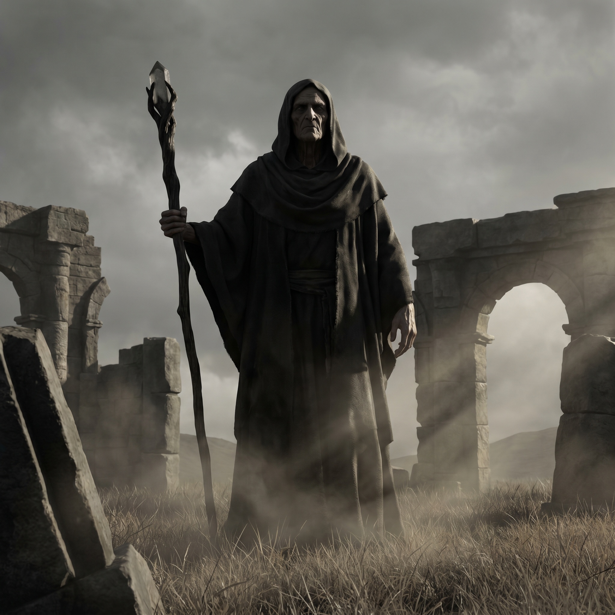 An old humanoid silhouette standing in colorless grass beneath a sky where all magic has gone flat.