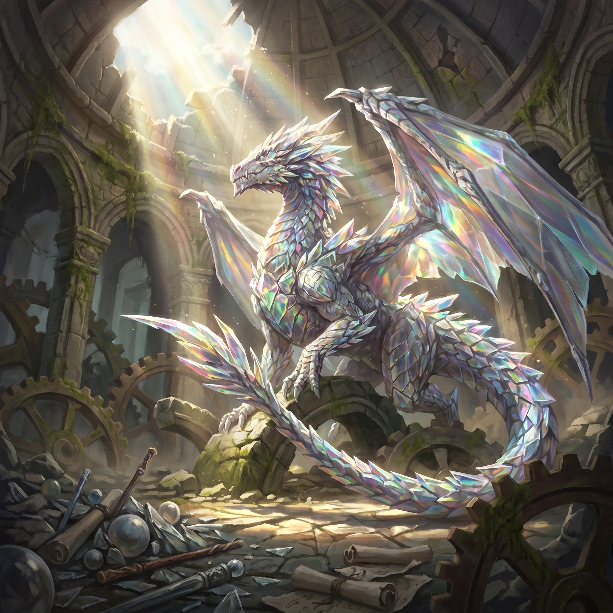 Prism Dragon refracting sunlight into a ruined arcane observatory, drained magic items scattered like dead glass.