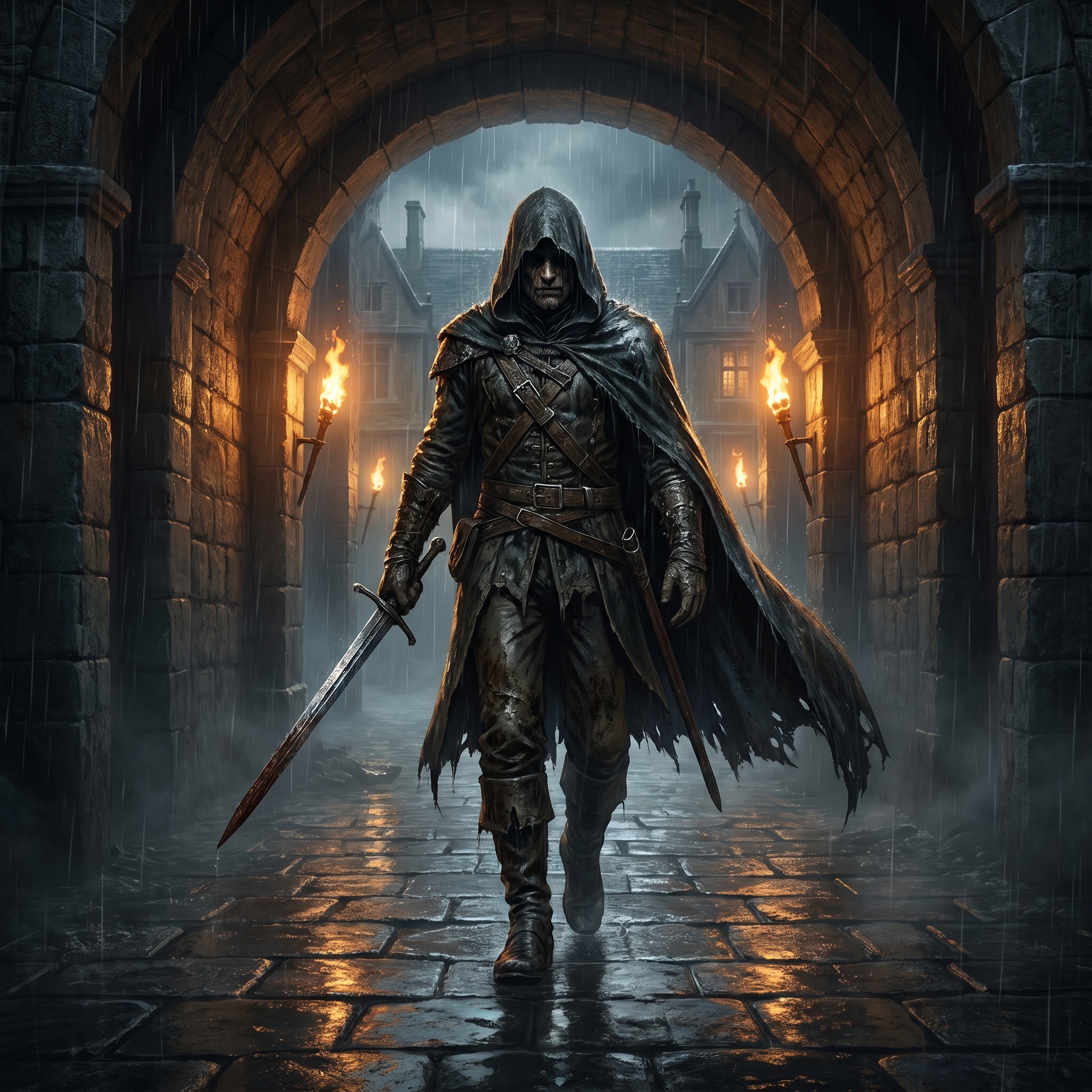 A mud-stained dead duelist walking through rain toward a lit manor, sword in hand.