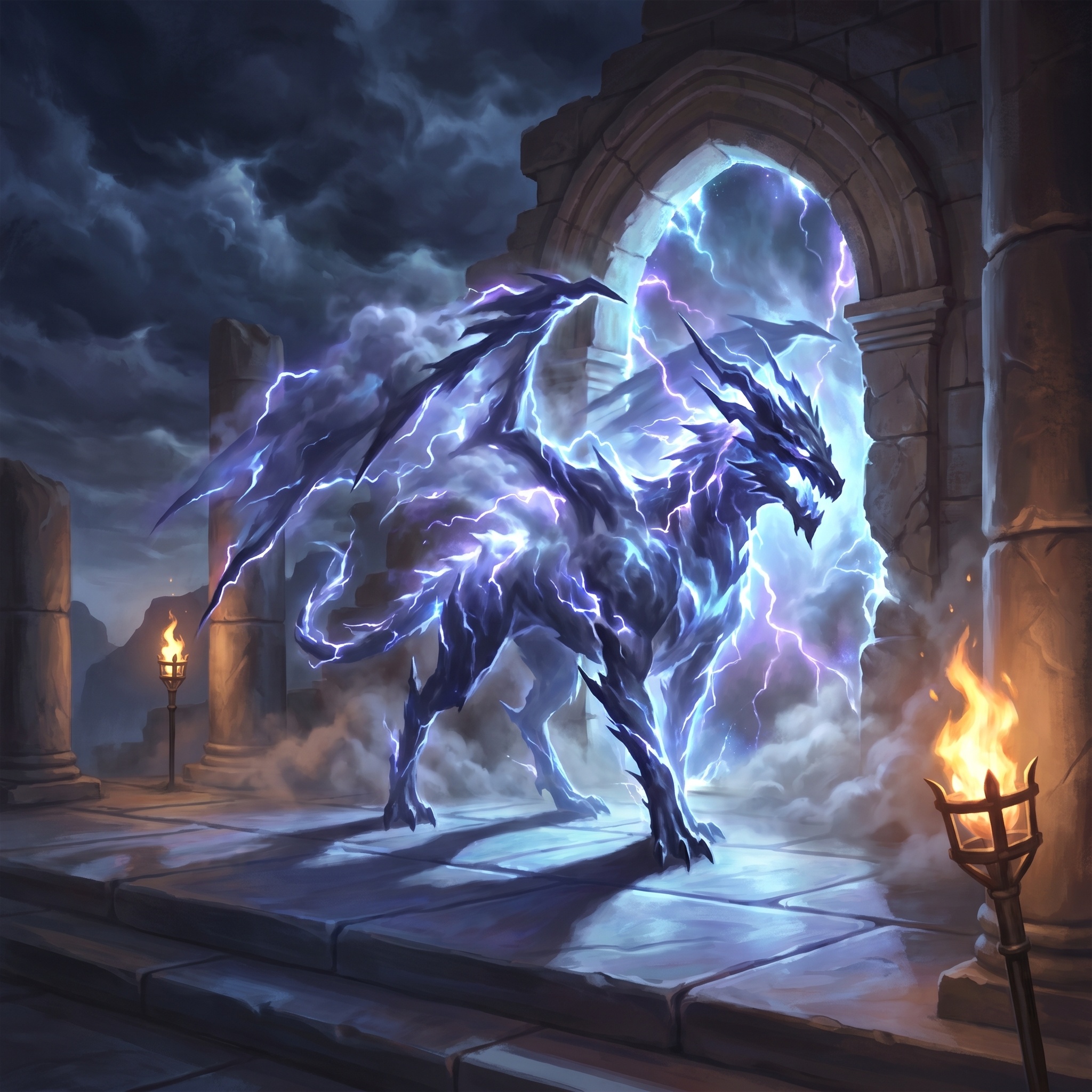 A jagged animal silhouette made of stormlight, stepping from a torn rift under violent sky.
