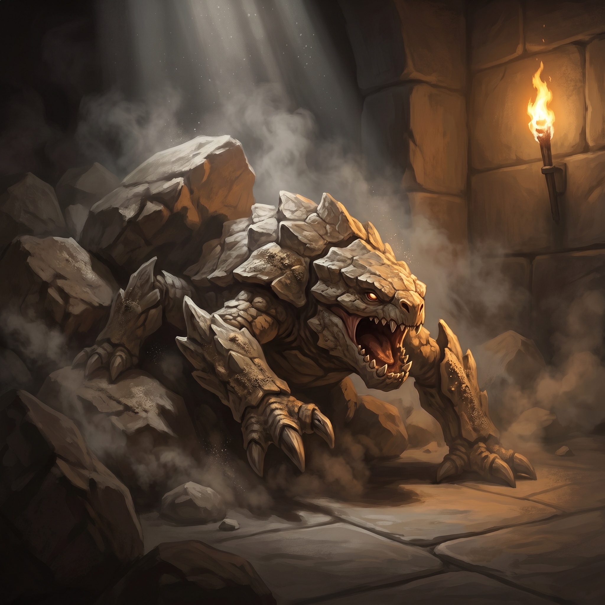 A squat stone-colored predator unfolding from a boulder field, jaws already open.
