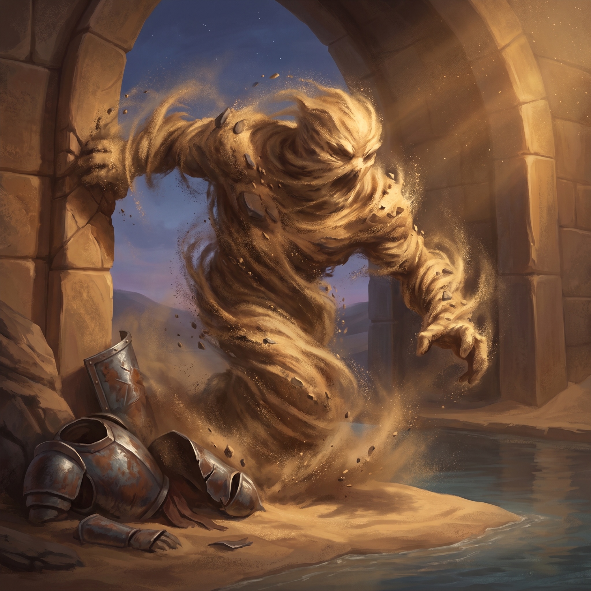A humanoid vortex of compressed sand grinding across armor and stone at an oasis edge.