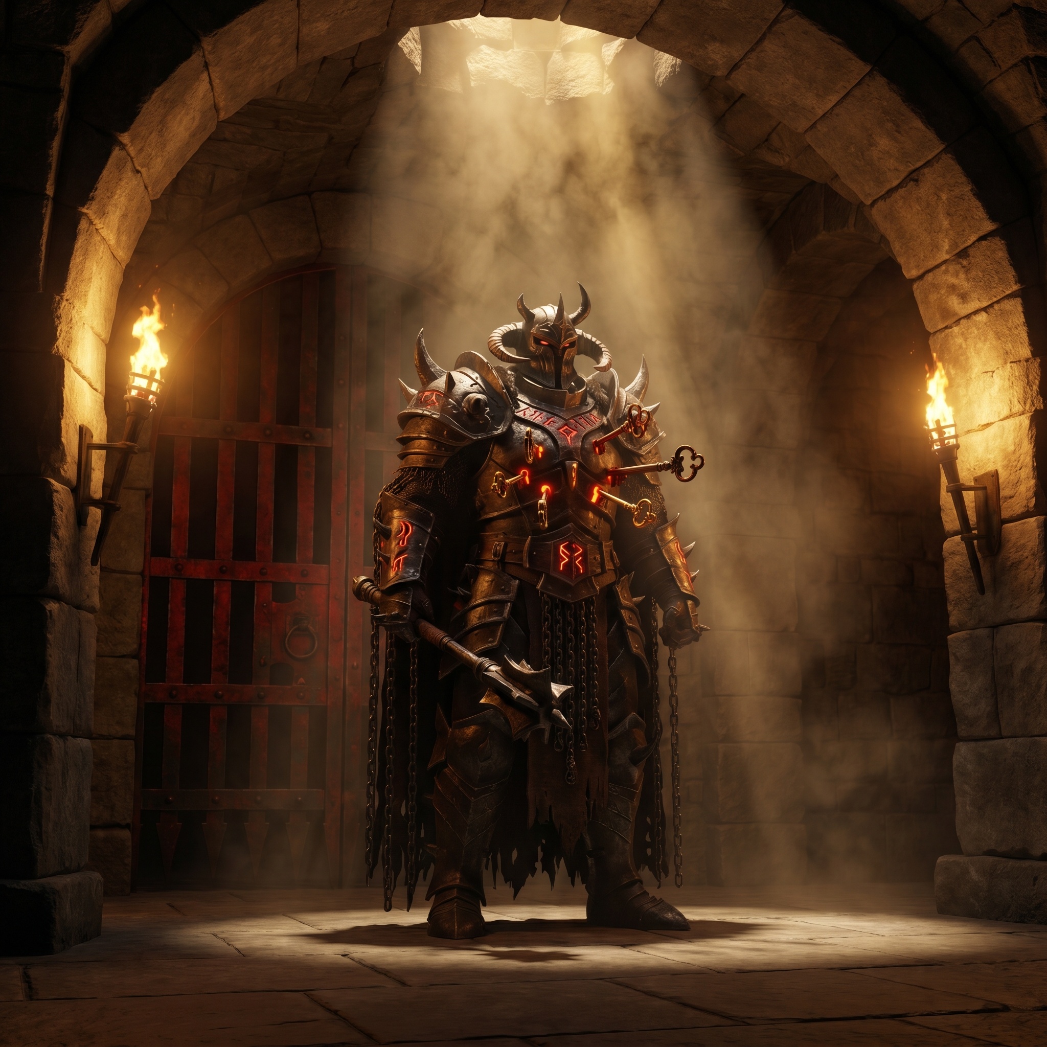 An armored infernal warden standing before a red-black sealed gate with keys embedded in its chest.