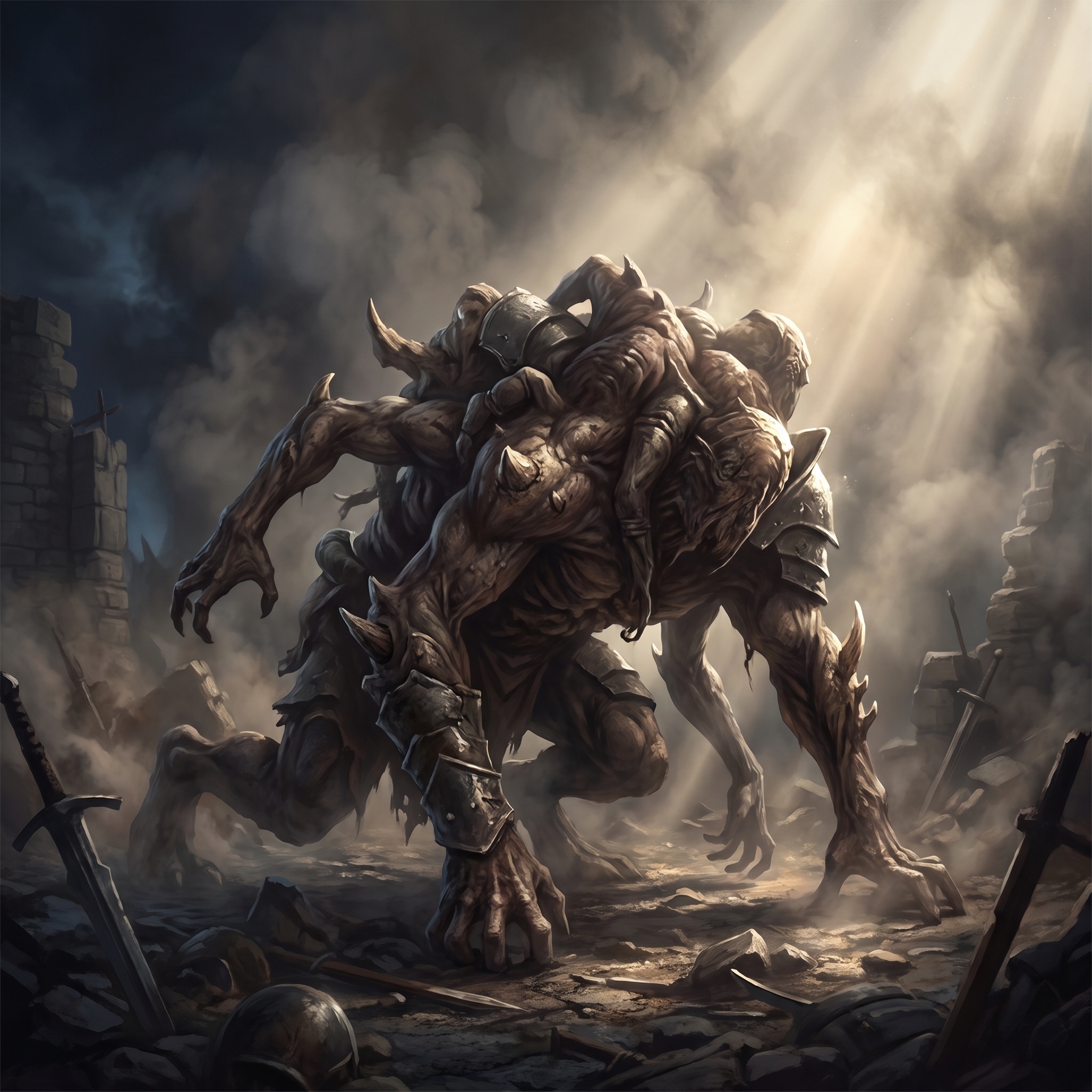 A roughly humanoid cluster of fused limbs and torsos moving in an uncoordinated crawl across a battlefield, too large to have been one person.