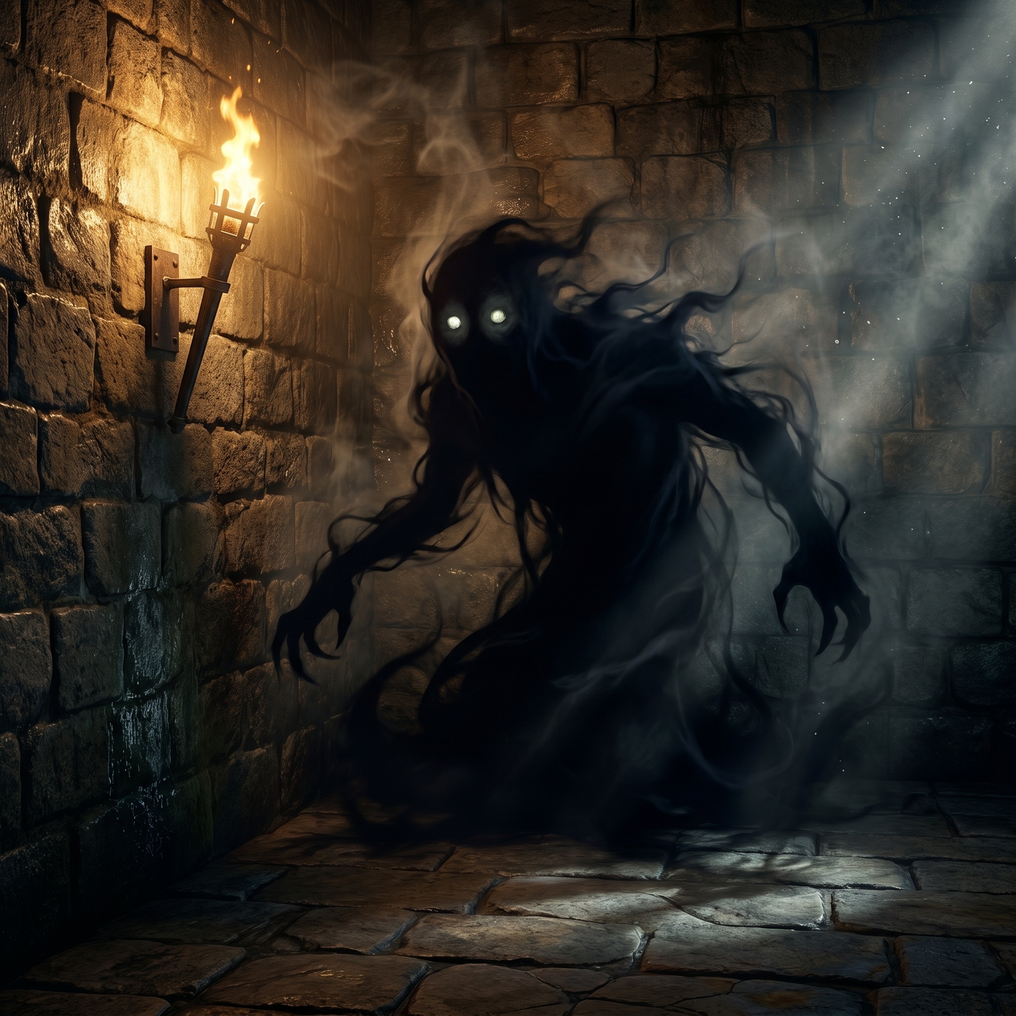 A darkness in a torchlit room that does not match any object casting it, with two featureless pale points where eyes would be.