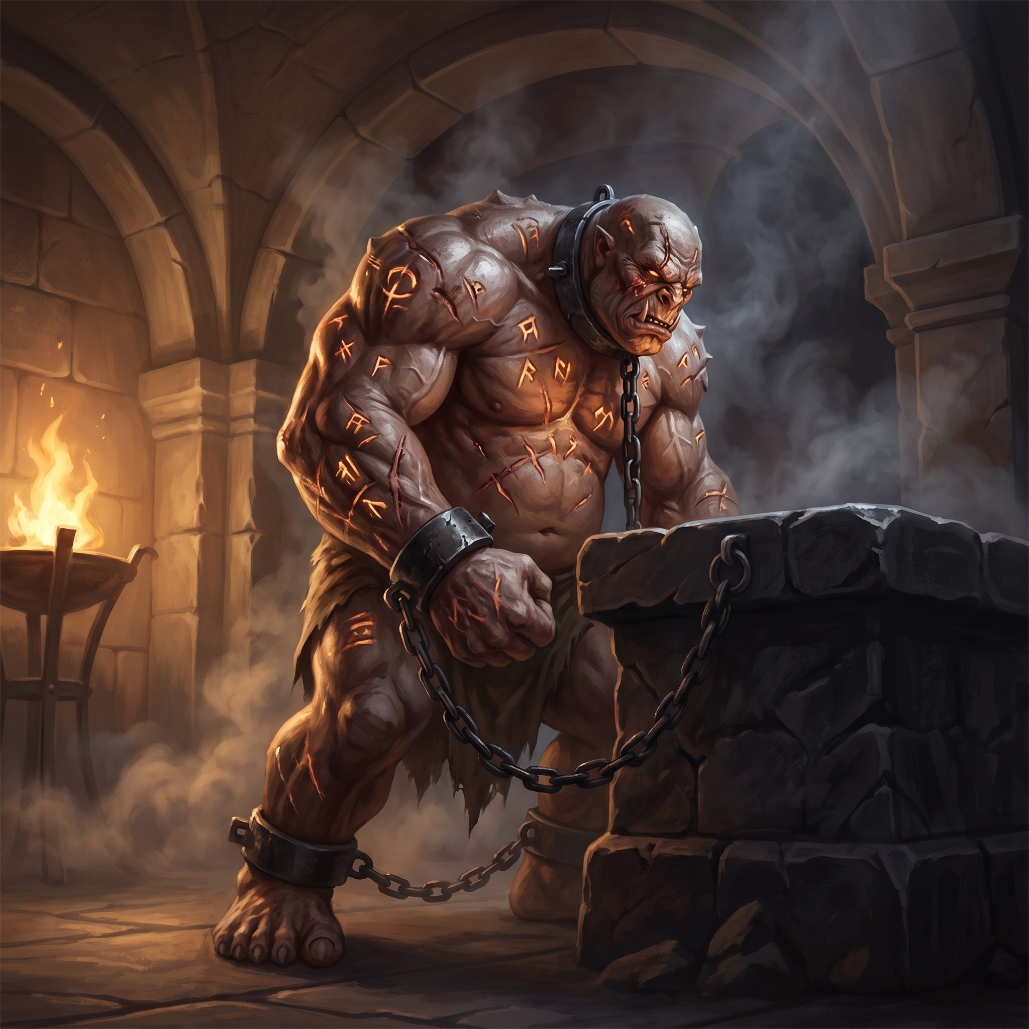 A swollen infernal brute covered in brand-marks, chained to a cult altar.