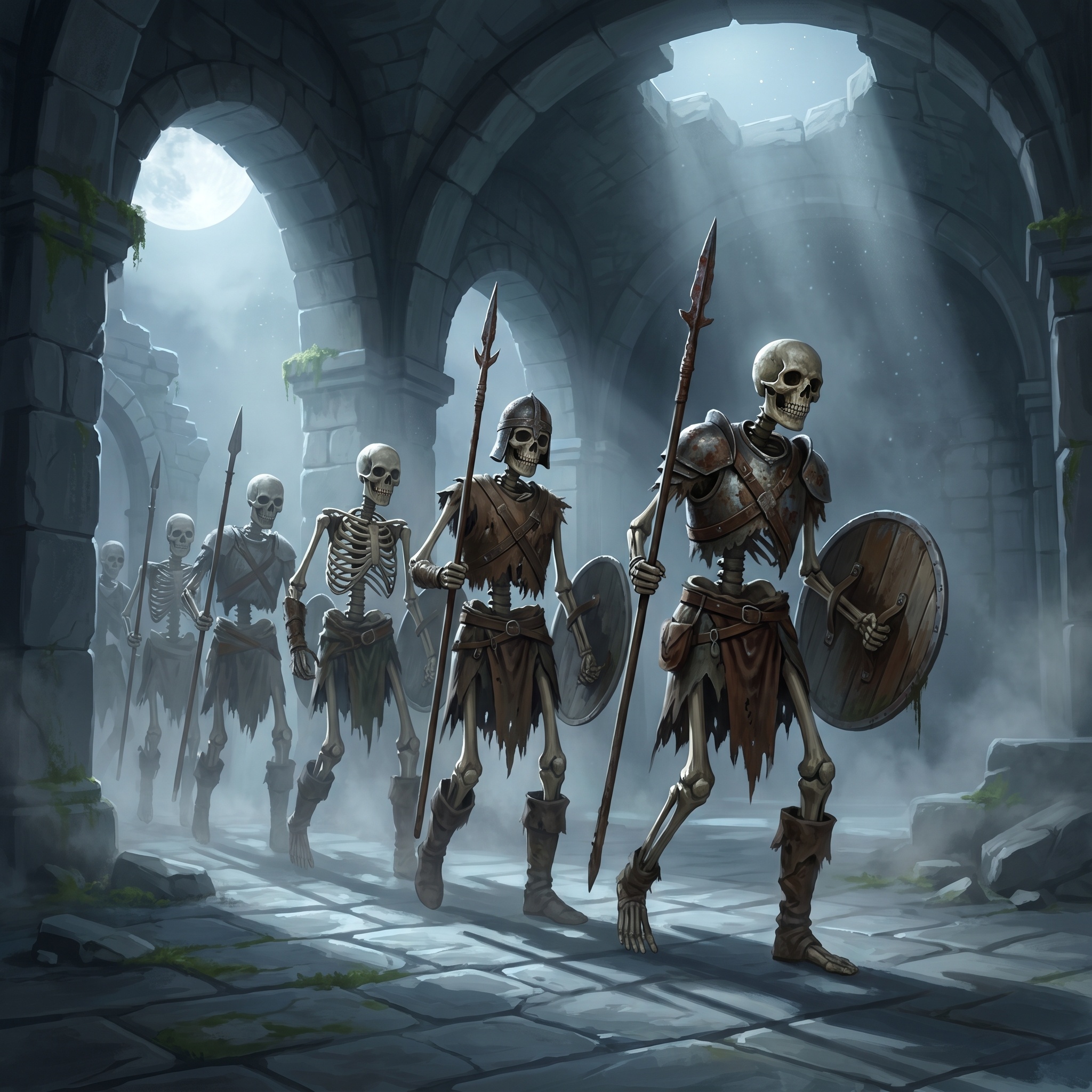 A loose file of mismatched skeletons holding rusted spears in a moonlit ruin.