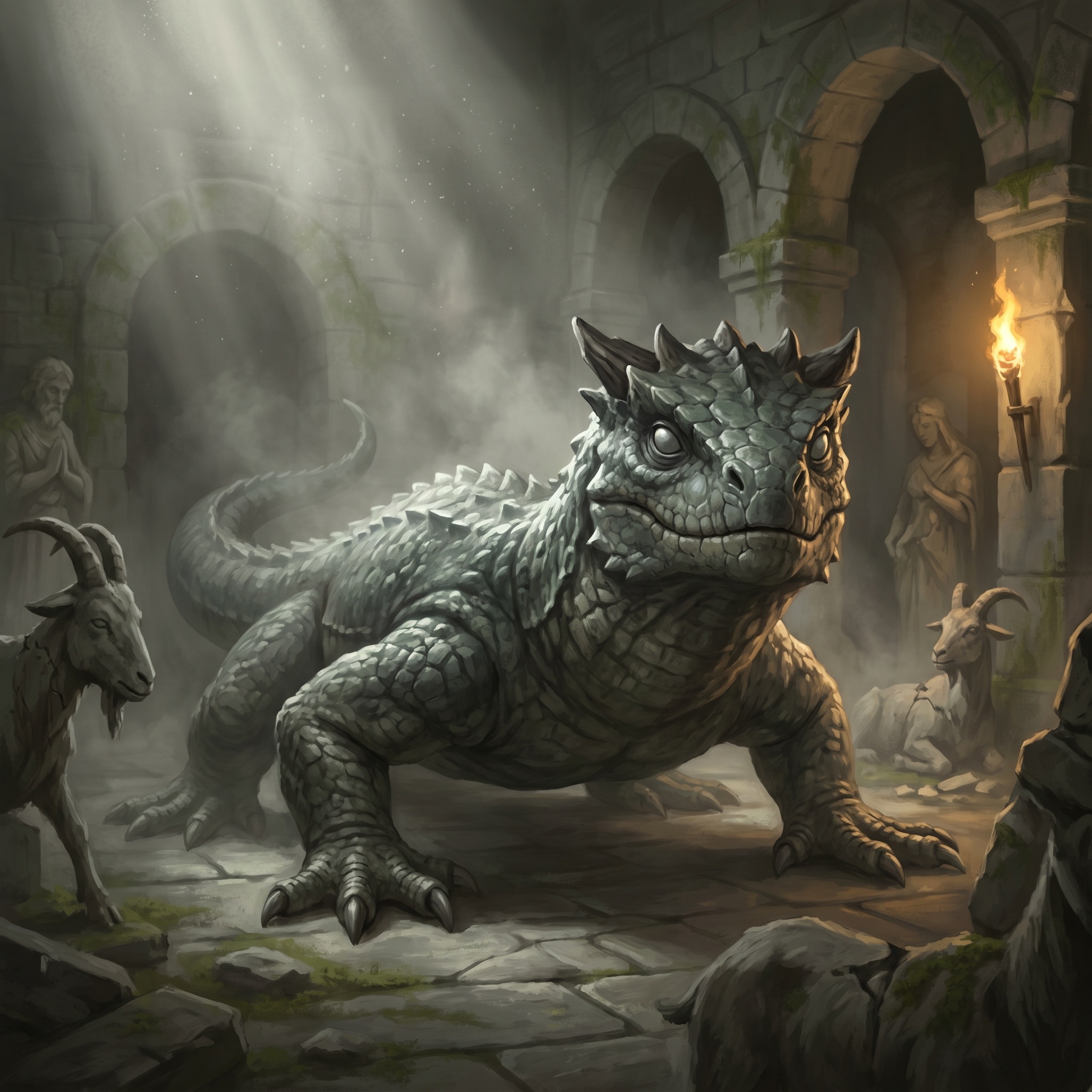 A low, heavy basilisk with slate-green scales, eight splayed legs, a blunt crown of horn, and mirror-dull eyes in a field of half-stone goats and cracked statues.