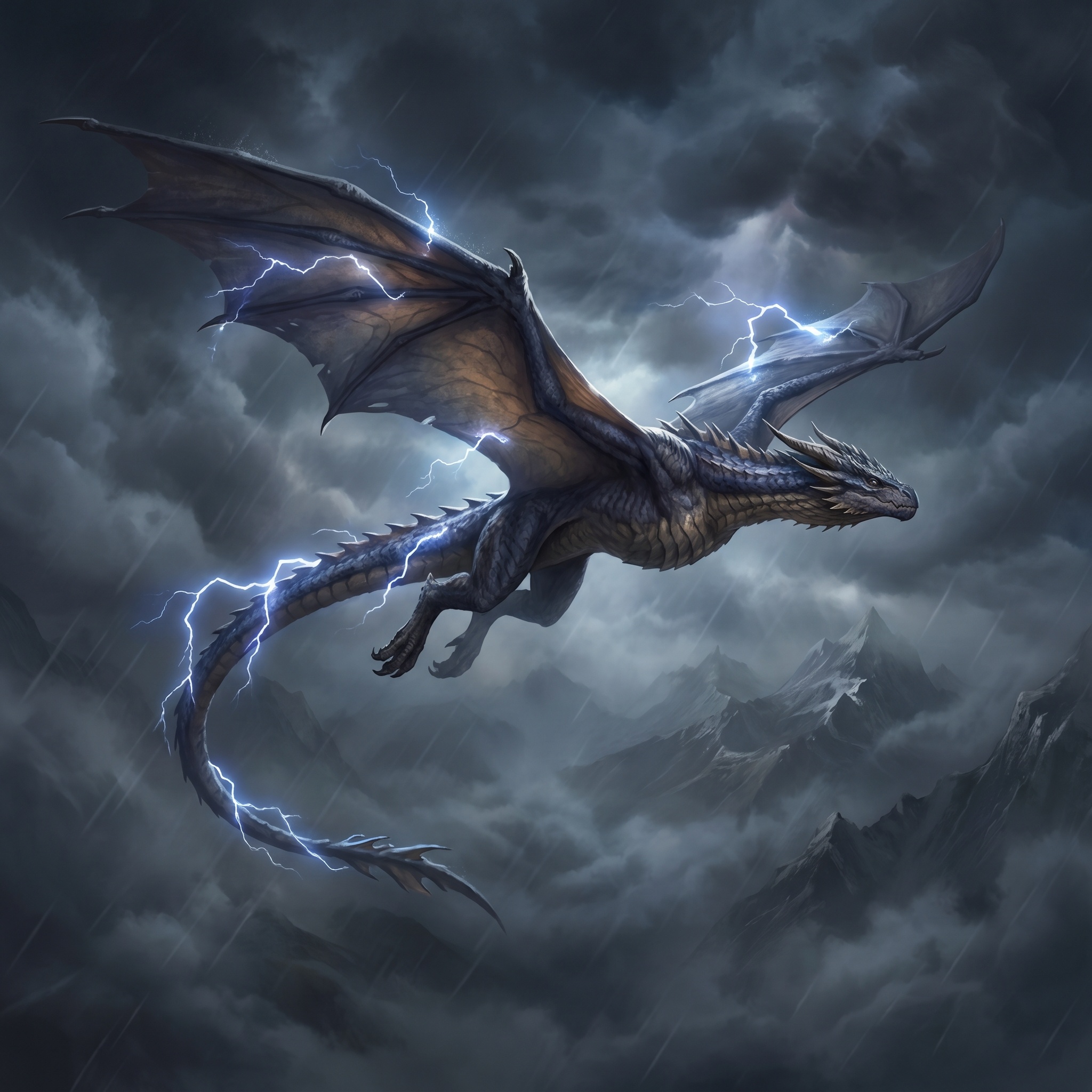 A flat-winged draconic kite riding storm winds with lightning flickering along its tail.