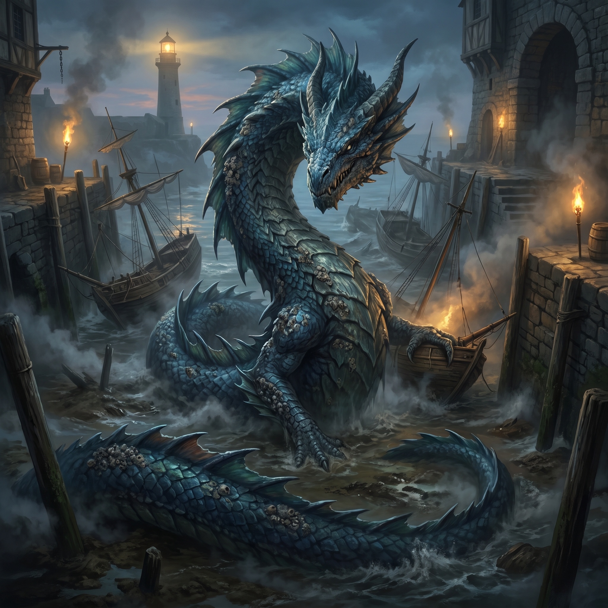 Tide Dragon coiling beneath a harbor, waterline pulled unnaturally low as ships tilt in exposed mud.