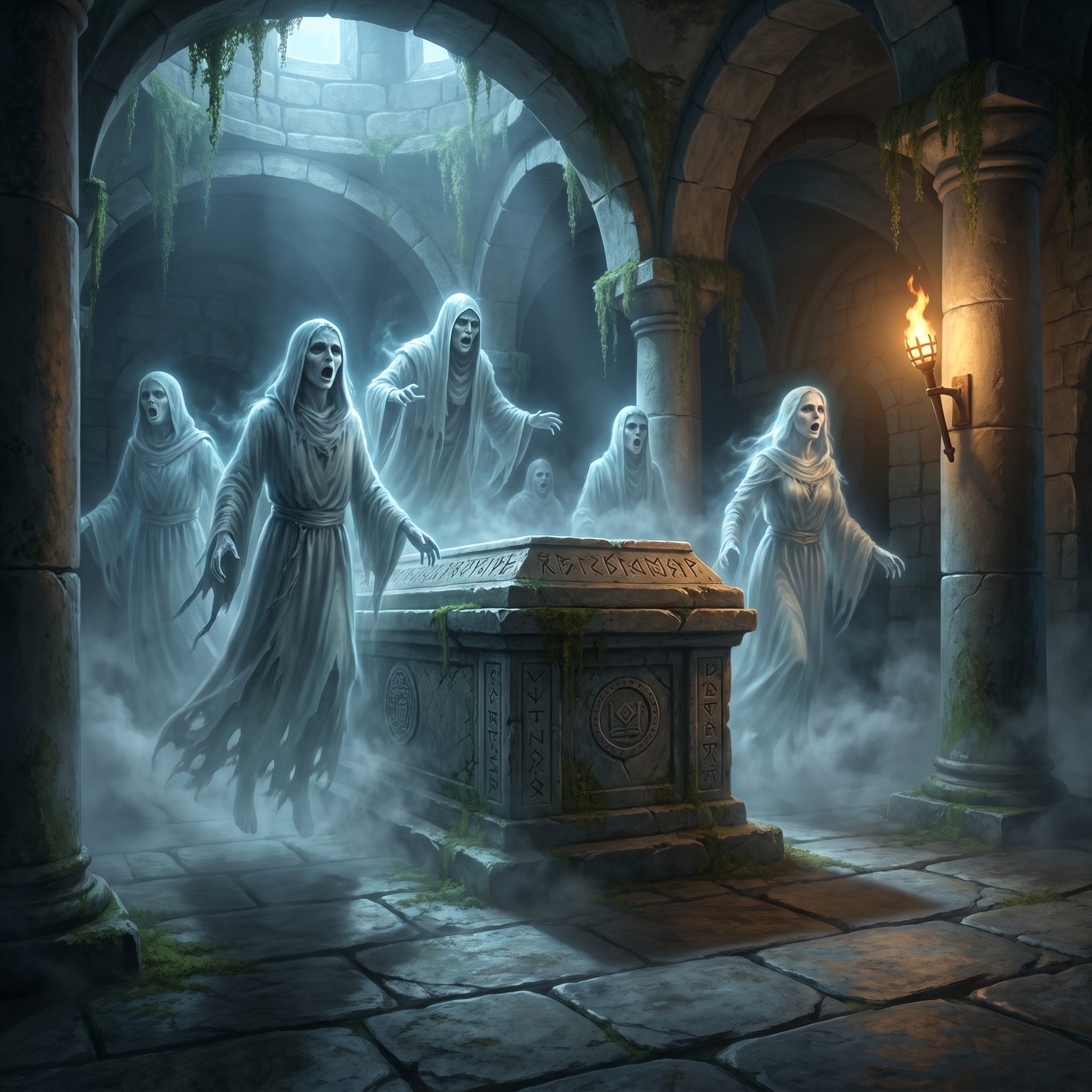 Several translucent mourners singing without breath around a sealed sarcophagus.