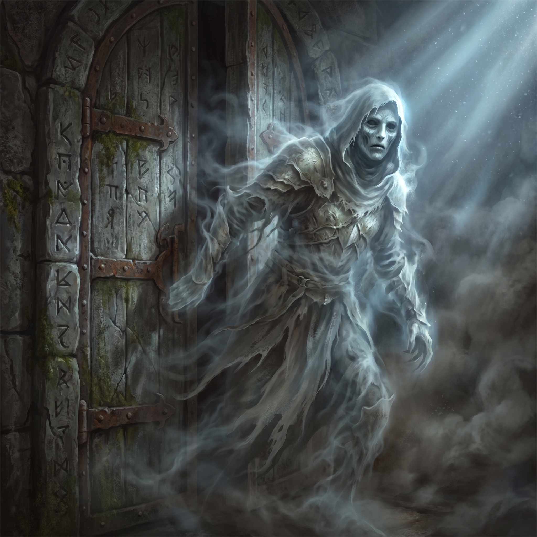 A translucent figure passing through a sealed stone door, its expression the specific blankness of something that has stopped being specific.