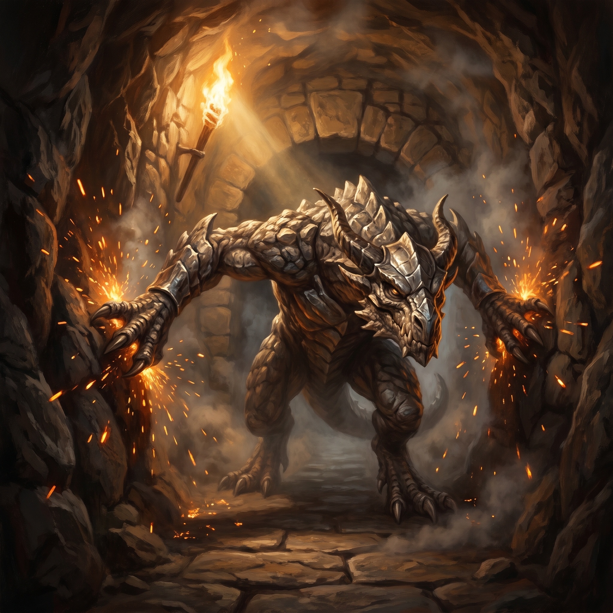 A wingless drake squeezing through a mine tunnel, horned head low and claws scraping sparks.
