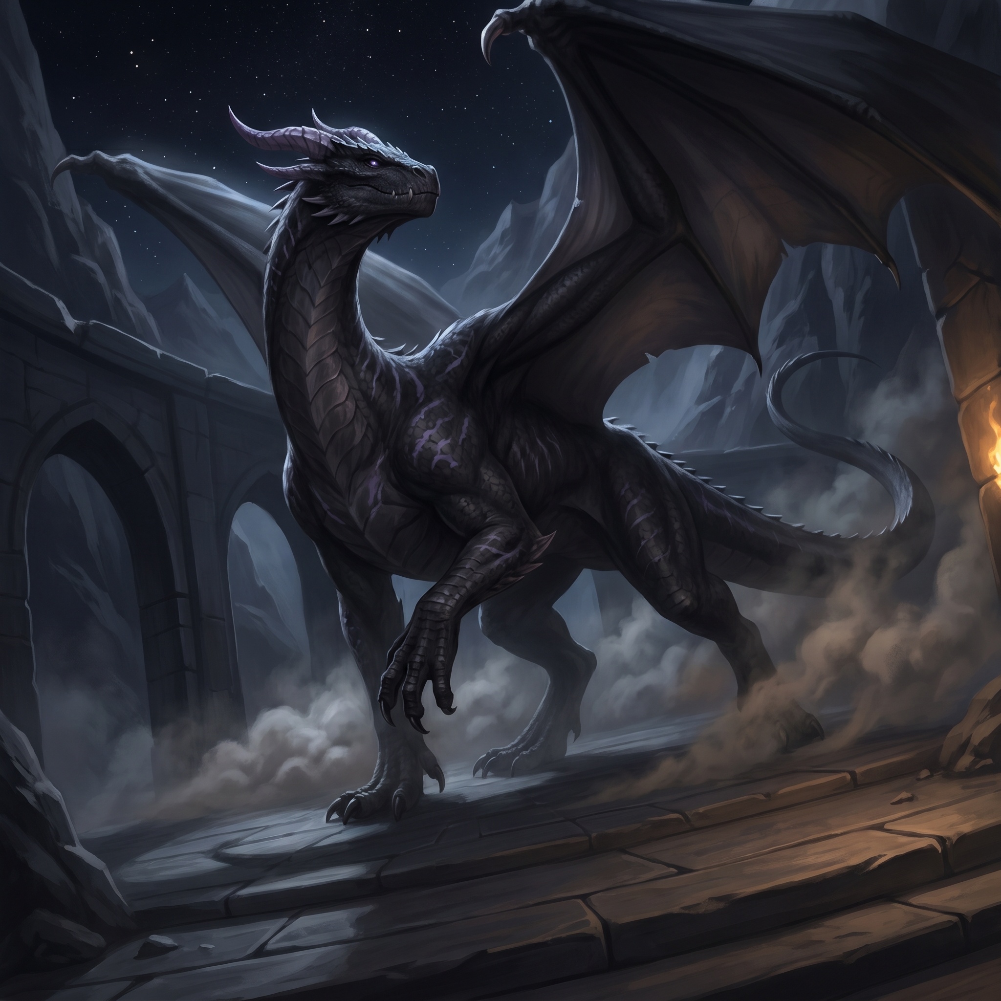 A black-scaled dragon crossing a moonless mountain pass, visible only where starlight bends around it.