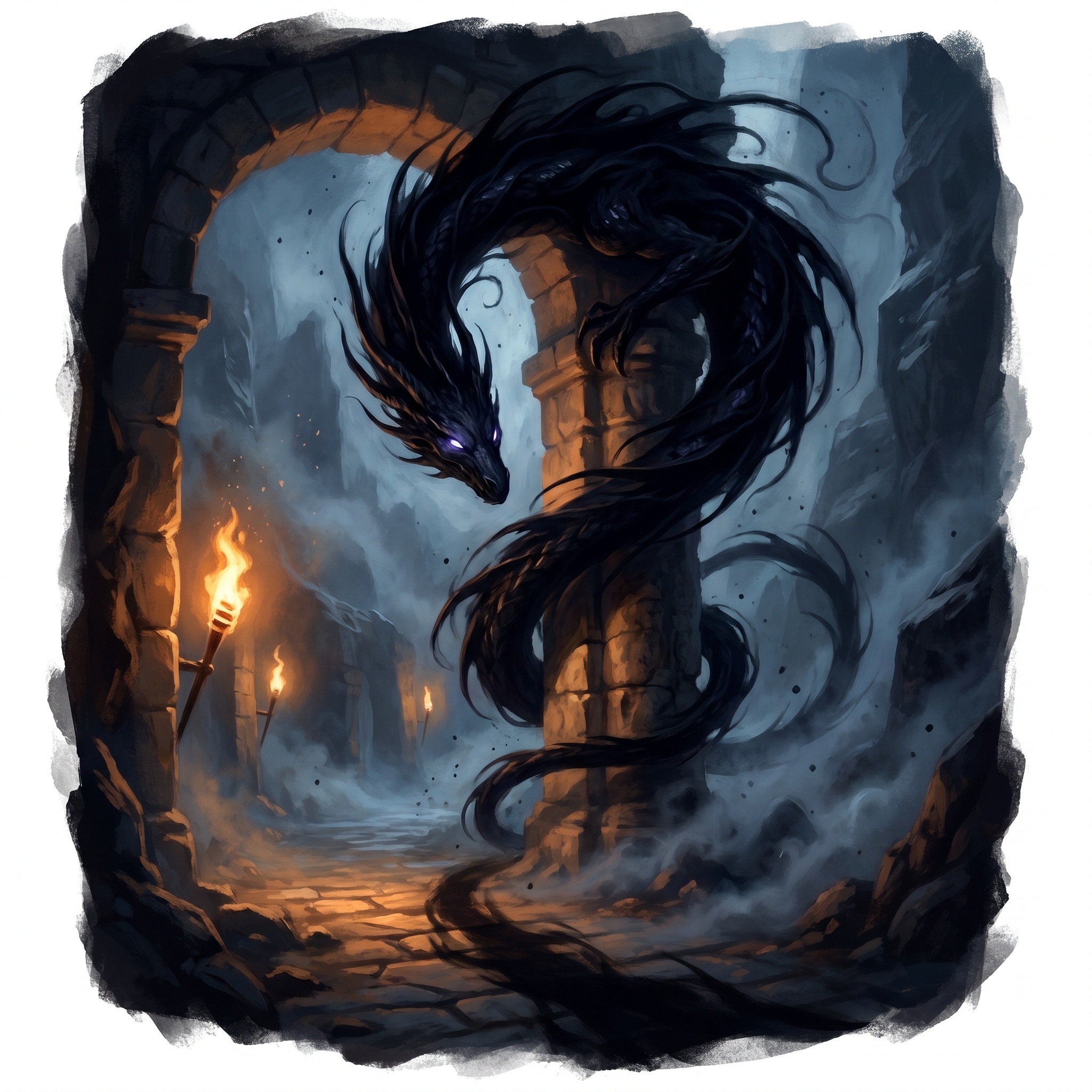 Umbral Dragon in a moonless pass, visible only as a shape where torchlight refuses to land.
