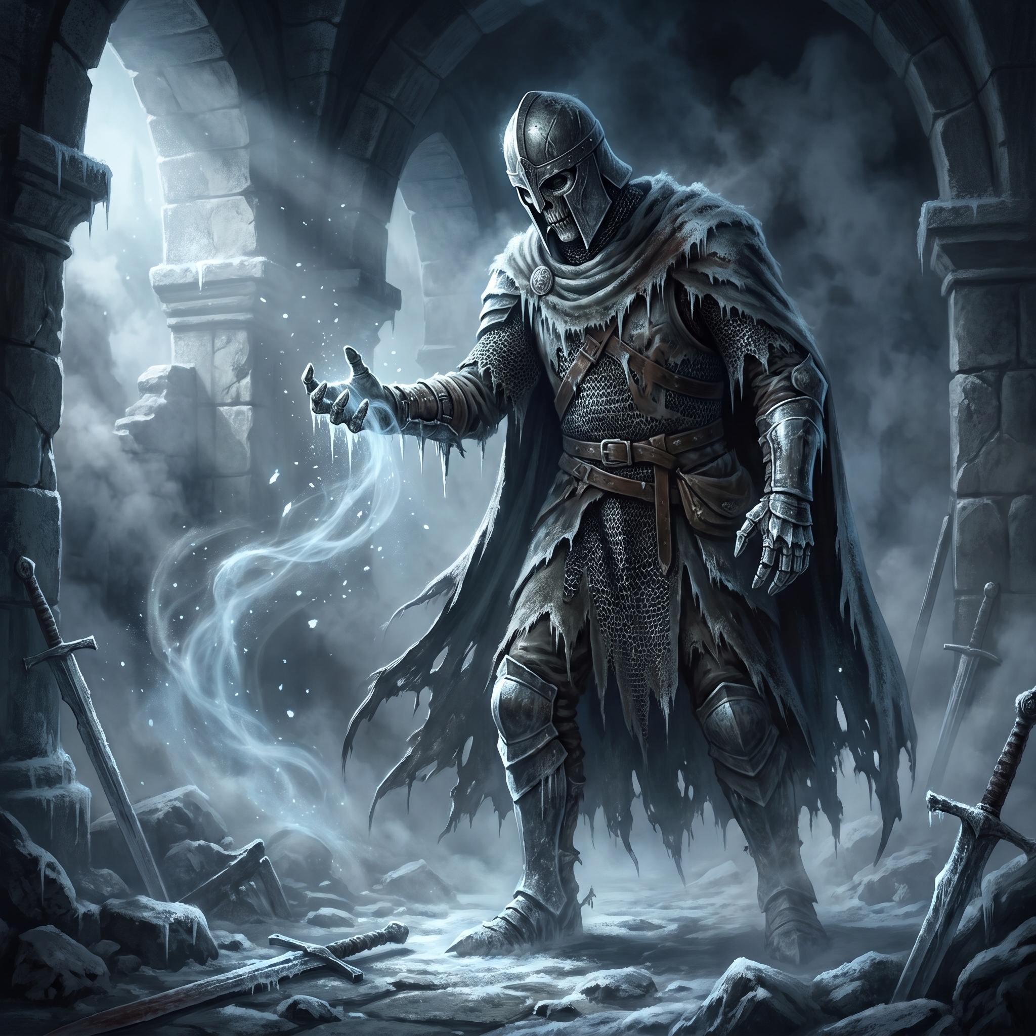 A gaunt figure in worn armour standing in a cold hall, one hand extended, vitality visibly draining from the air around it.