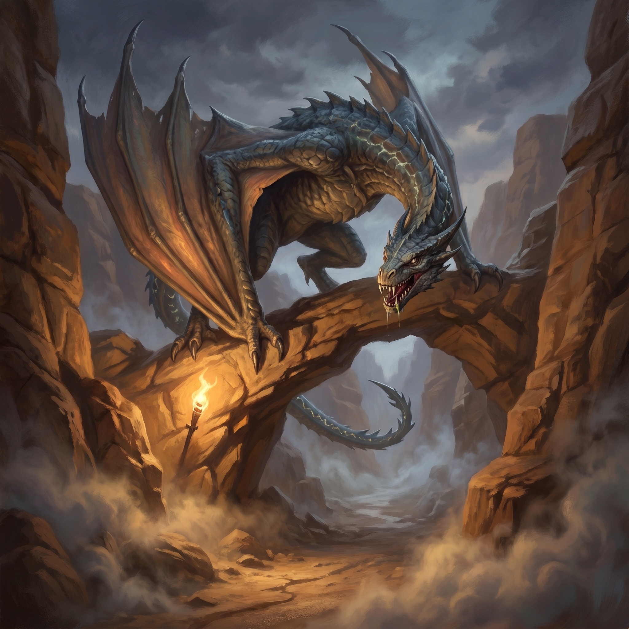 A two-legged winged wyvern with barbed tail perched above a canyon path.