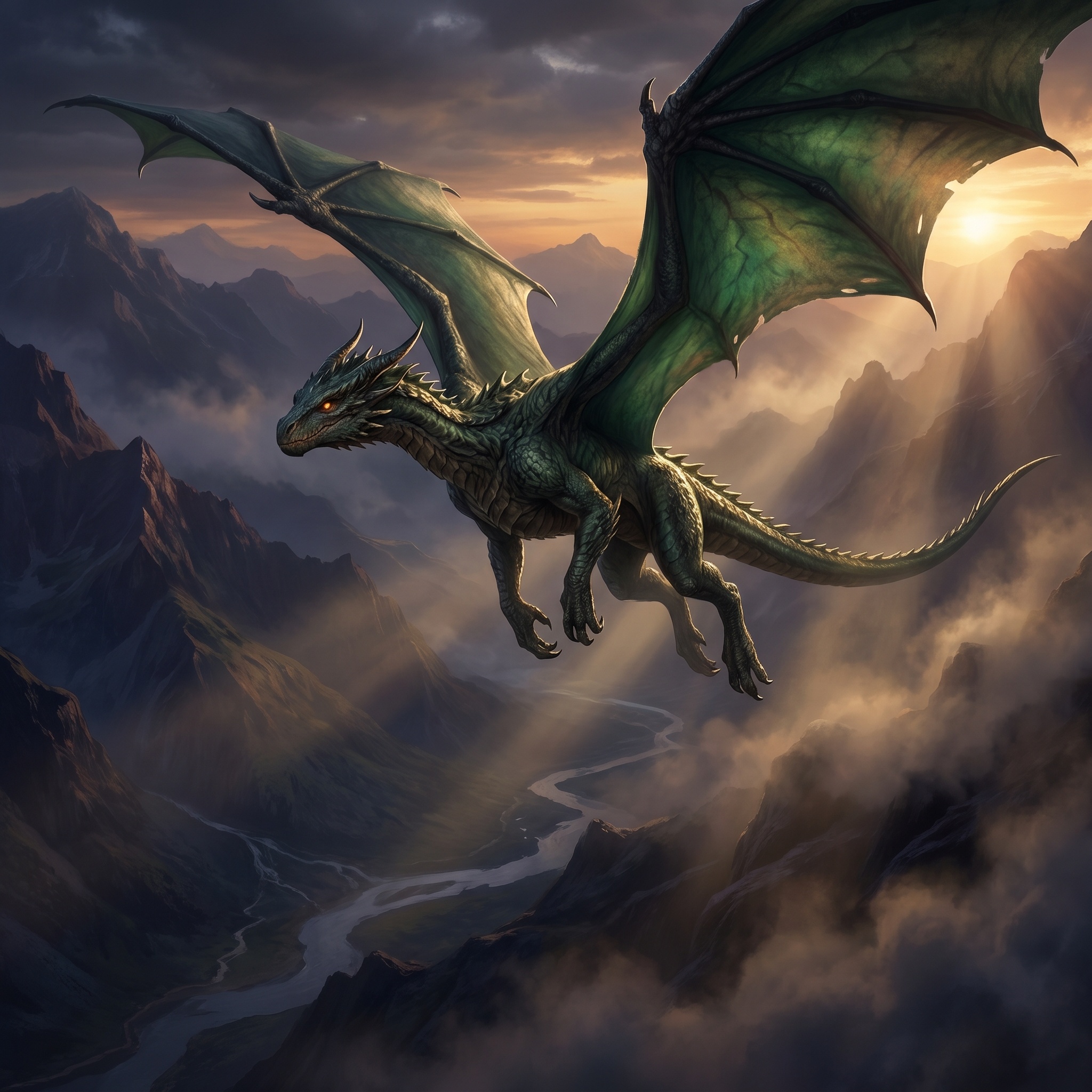 A young true dragon in flight over newly claimed territory.