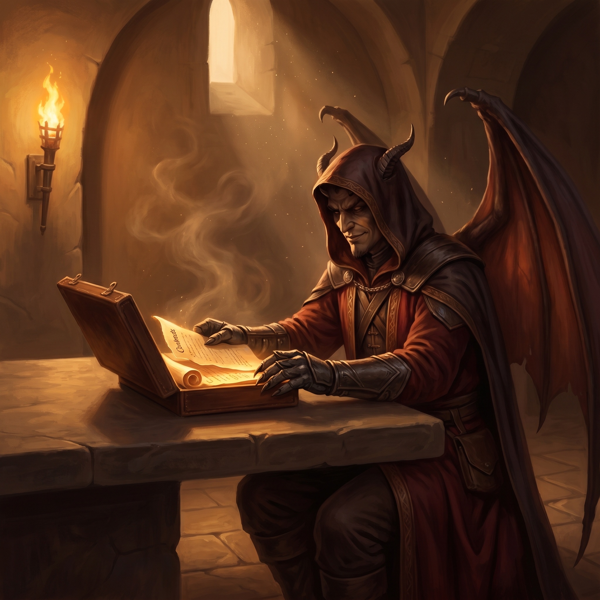 Zephyros appearing as a trusted confidant in warm lamplight, a contract case open on the table.