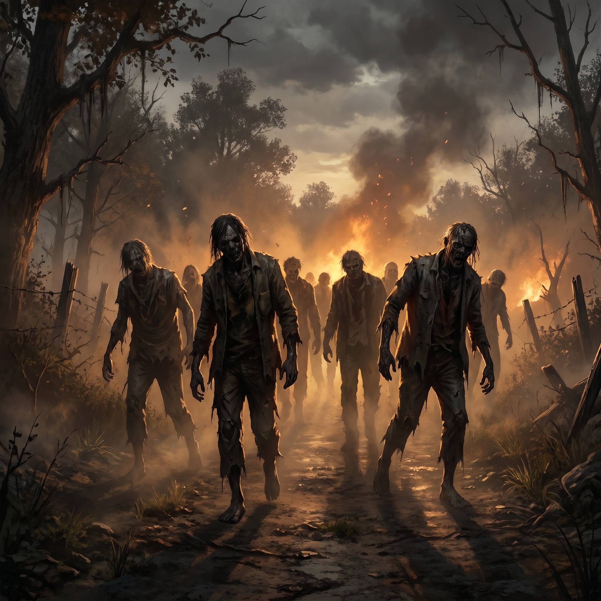 A group of ragged figures on a road at dusk, moving without rhythm, faces without recognition, toward firelight.