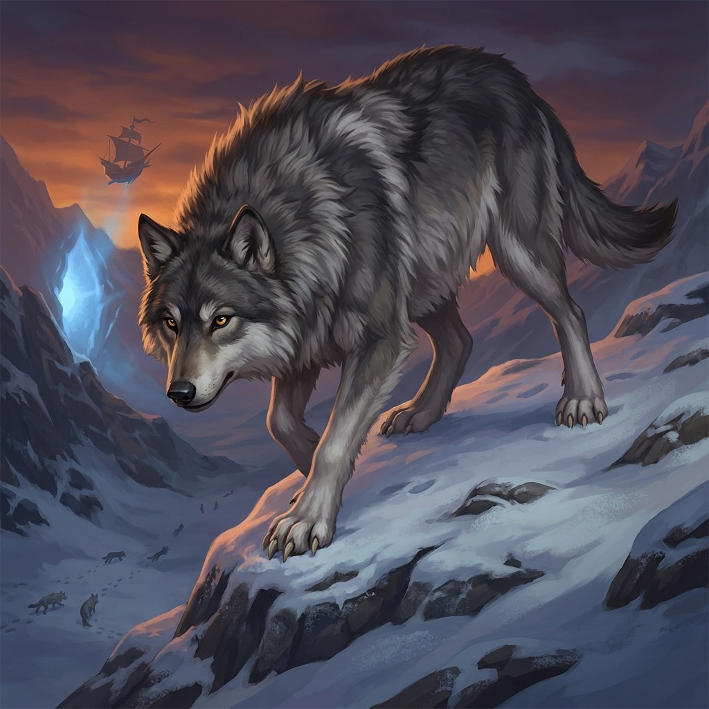 A Dire Wolf from the deep wilderness: heavier and hungrier than a standard wolf, capable of Hamstringing Prone targets.