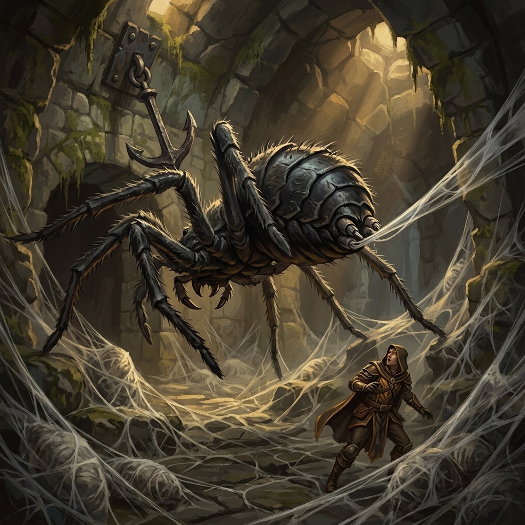 A Giant Spider dropping from a ceiling anchor in a mine, web terrain below, ambush drop moment mid-fall.