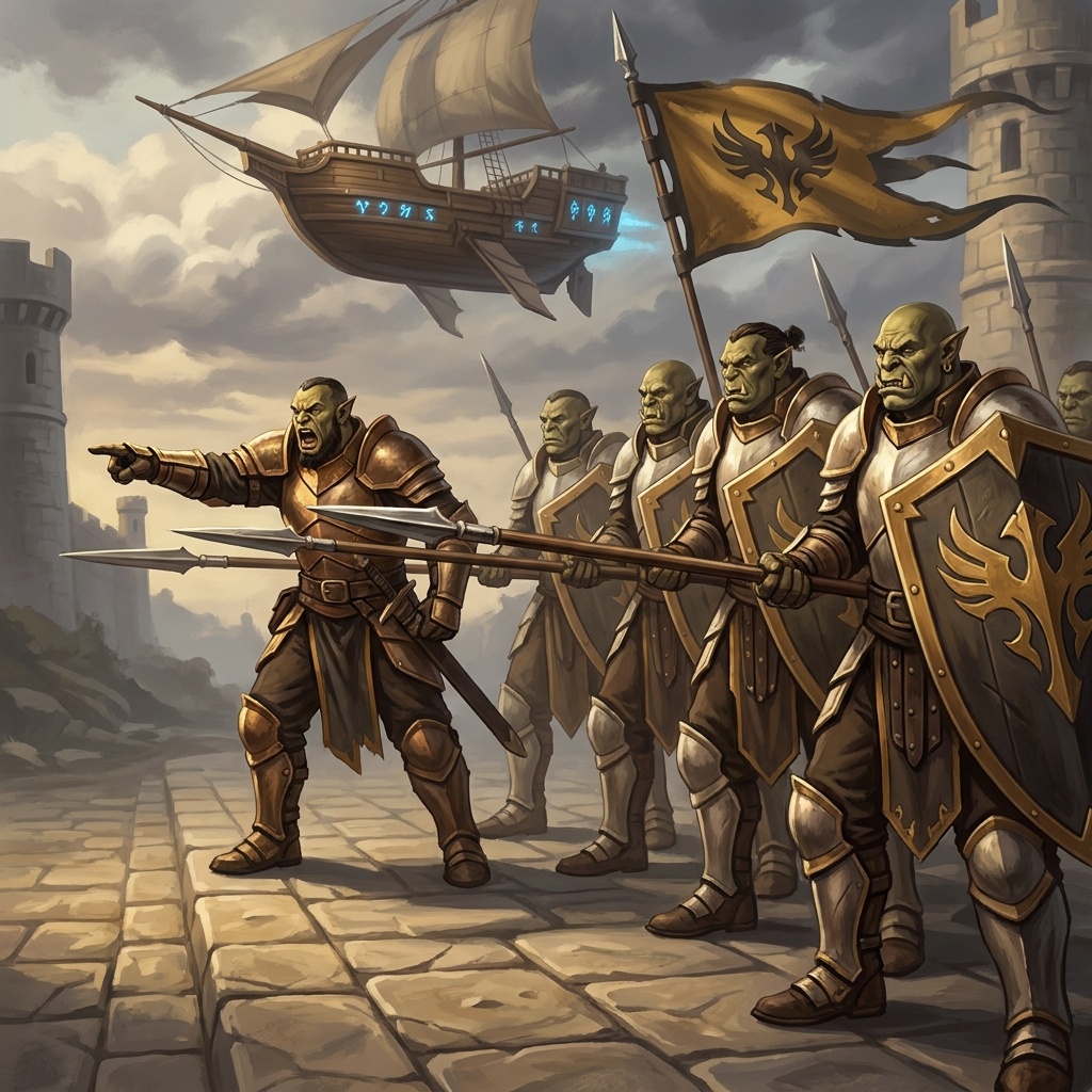 Orc Warrior warband in Line Formation: five orcs, spears forward, professional soldiers responding to command, not berserkers.