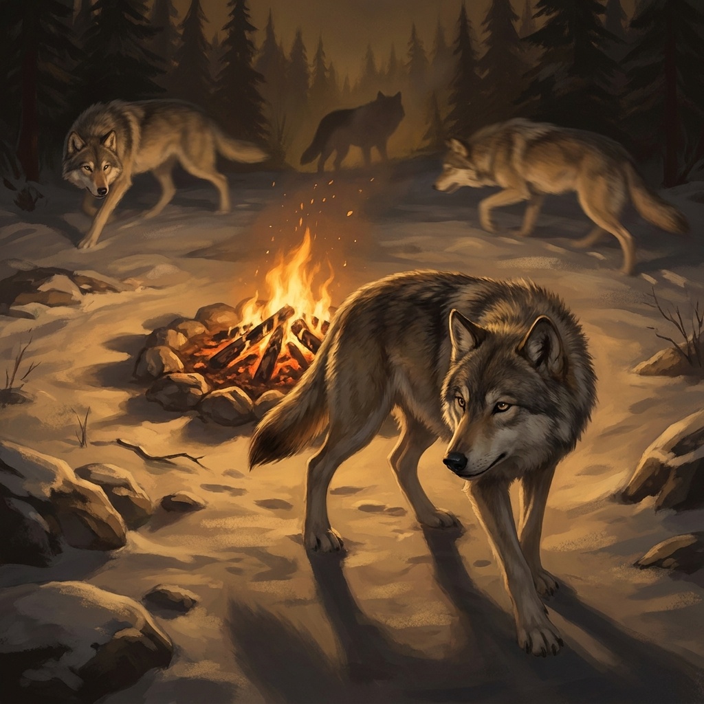 Wolf pack circling a dying campfire, pack tactics and the False Retreat moment before they turn.