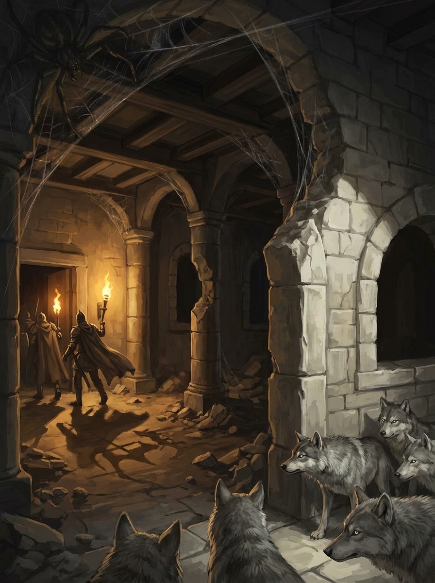 A threat landscape: ruined interior at night, wolf pack at one edge, torchlight from approaching bandits at another, webbing on the ceiling above.