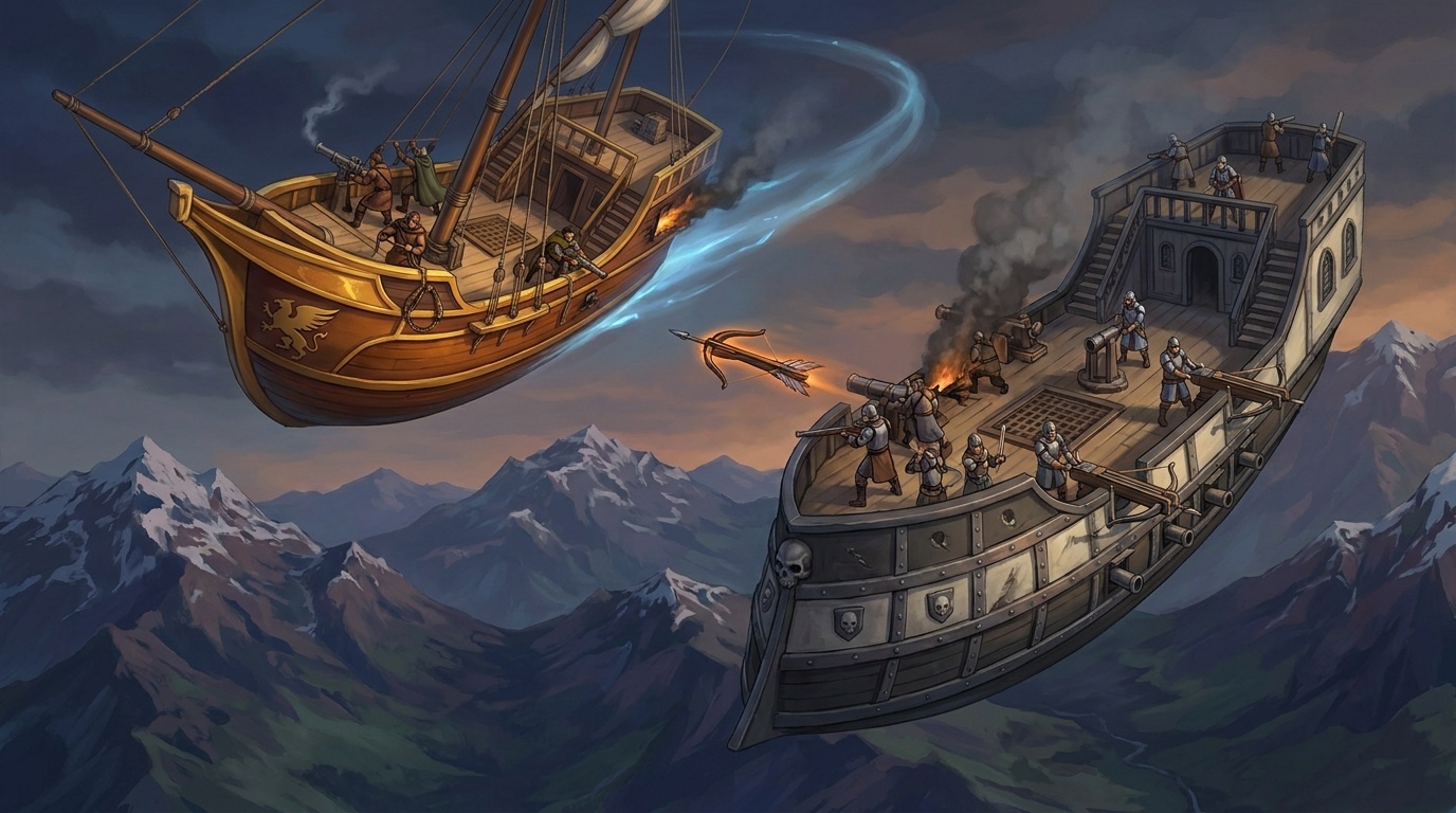 Two aerial vessels exchanging fire at altitude: a cutter maneuvering hard, a corvette bringing its broadside to bear.