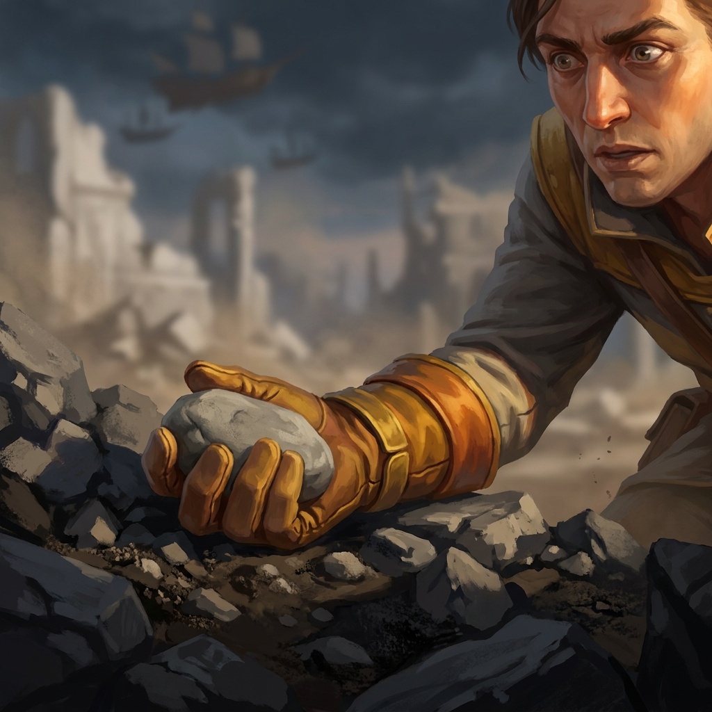 An Izon Bloodstone: an ordinary grey stone picked up from rubble, the moment of recognition on the mortal's face as the pull begins.