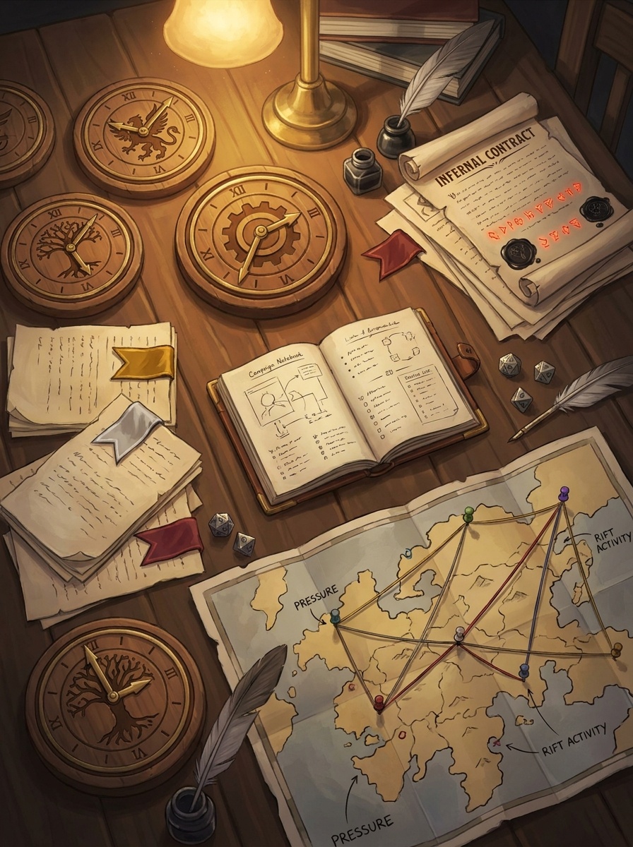A GM's active campaign workspace: faction clocks, divine pressure notes, an infernal contract spotted and flagged.