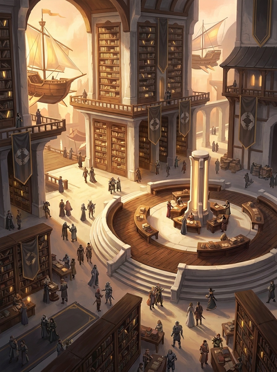 Echo's territory in the Shattered Domain: vast open civic space, public archives, souls moving freely through warm-lit open structures.