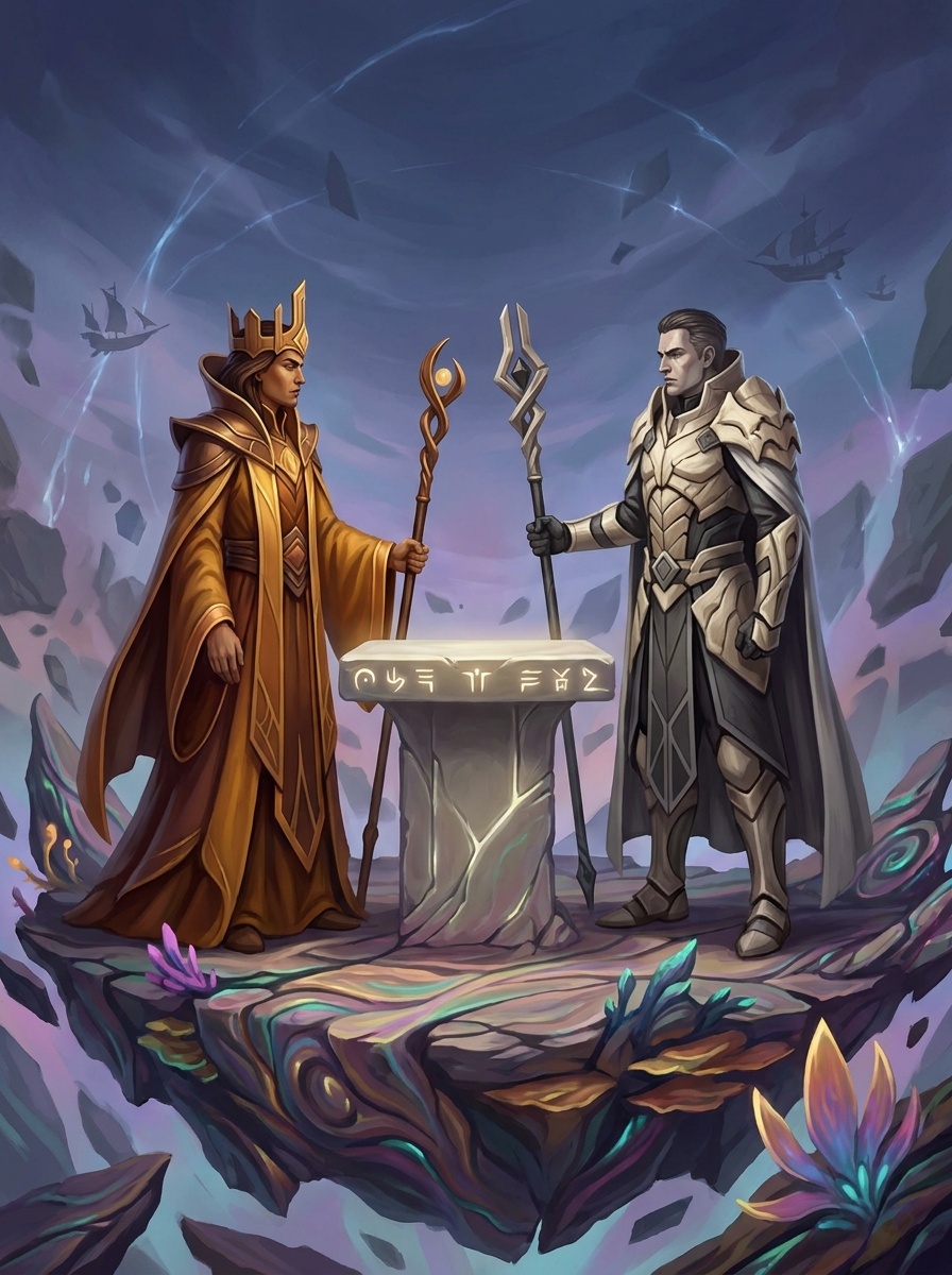 Two divine representatives meeting in a transit zone of the Shattered Domain, genuine political tension, neutral alien landscape.