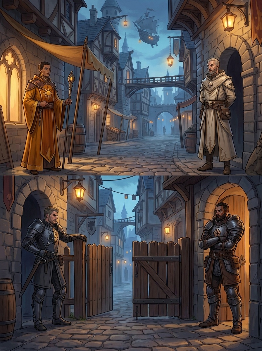 A single city district where Order cleric, Accord keeper, Greyfang mercenary, and Iron Hand enforcer are all visible, competing institutional pressure.