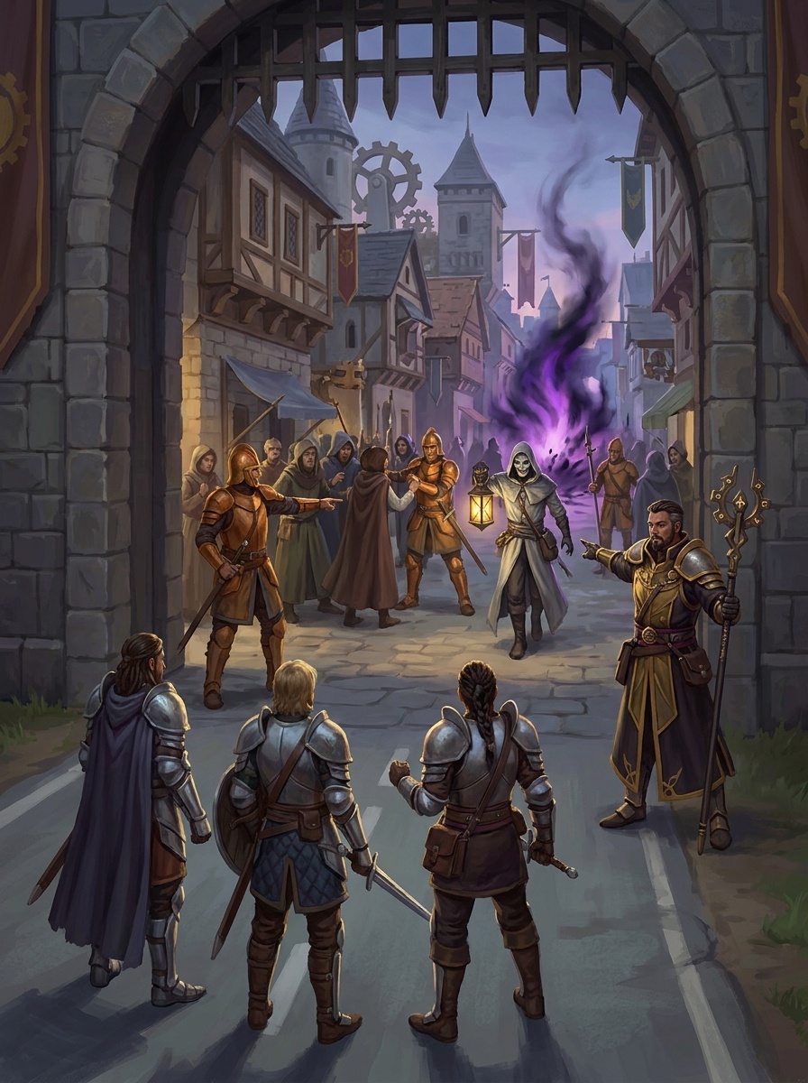 A party arriving at a city gate as a rift has recently opened two streets away, the world already in motion before them.