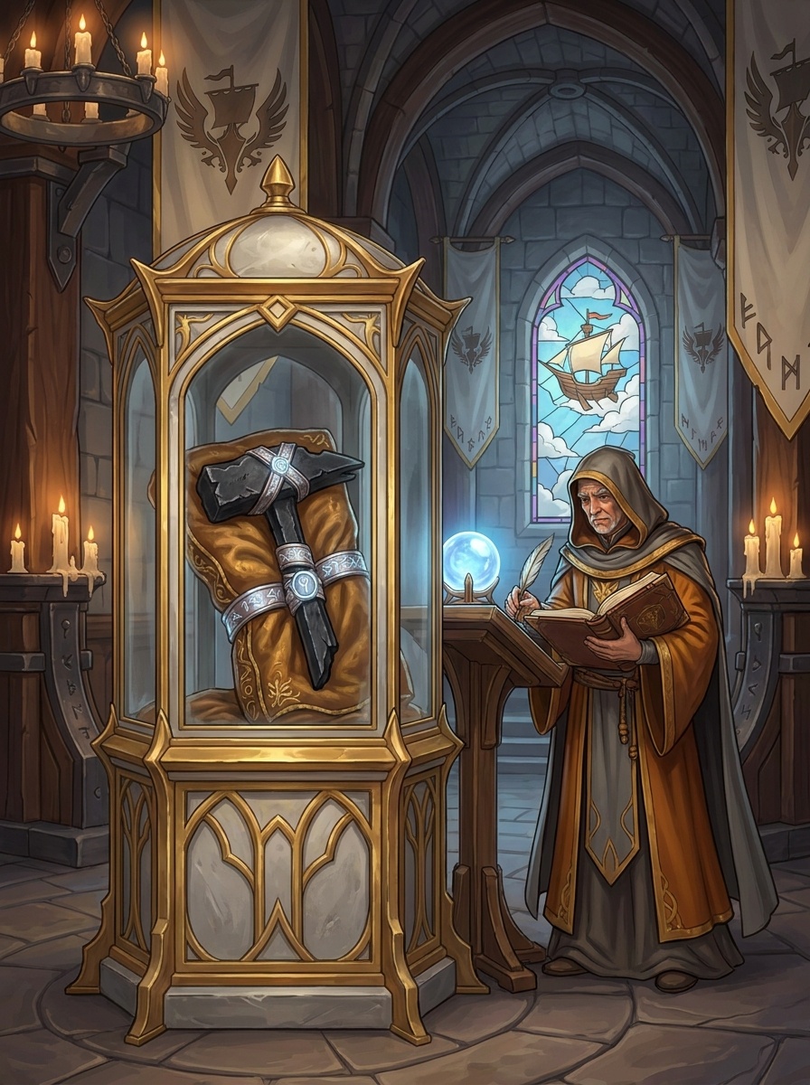 A relic in an institutional reliquary: an object with visible divine history, institutional-grade preservation, permanently under the faith's custody.