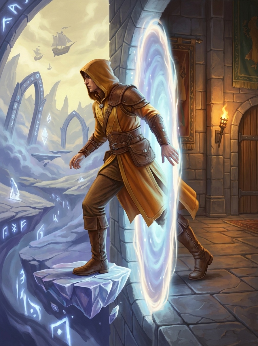A stable rift large enough to pass through: one character mid-step across the threshold, the Arcana plane glowing on the other side.