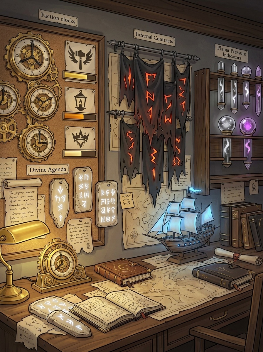 A campaign intelligence wall: faction clocks, divine agenda notes, infernal contract flags arranged as a working GM's planning space.