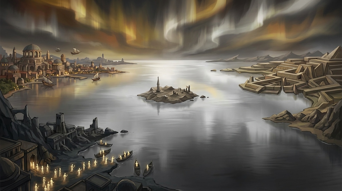 The Ocean of Belief: silver-black water, divine territories as coastline, Godless island at the center, the Shattered Domain.