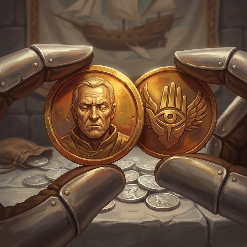 A soul coin held between two fingers: face-side shows the mortal, reverse-side shows the faith's devotion symbol.