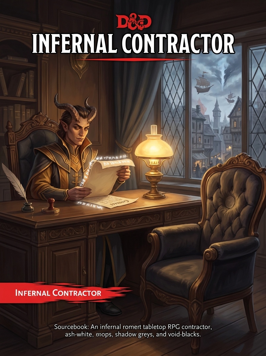 An infernal contractor reviews a signed contract by lamplight, the binding clauses glowing faintly, the banality of the soul economy.