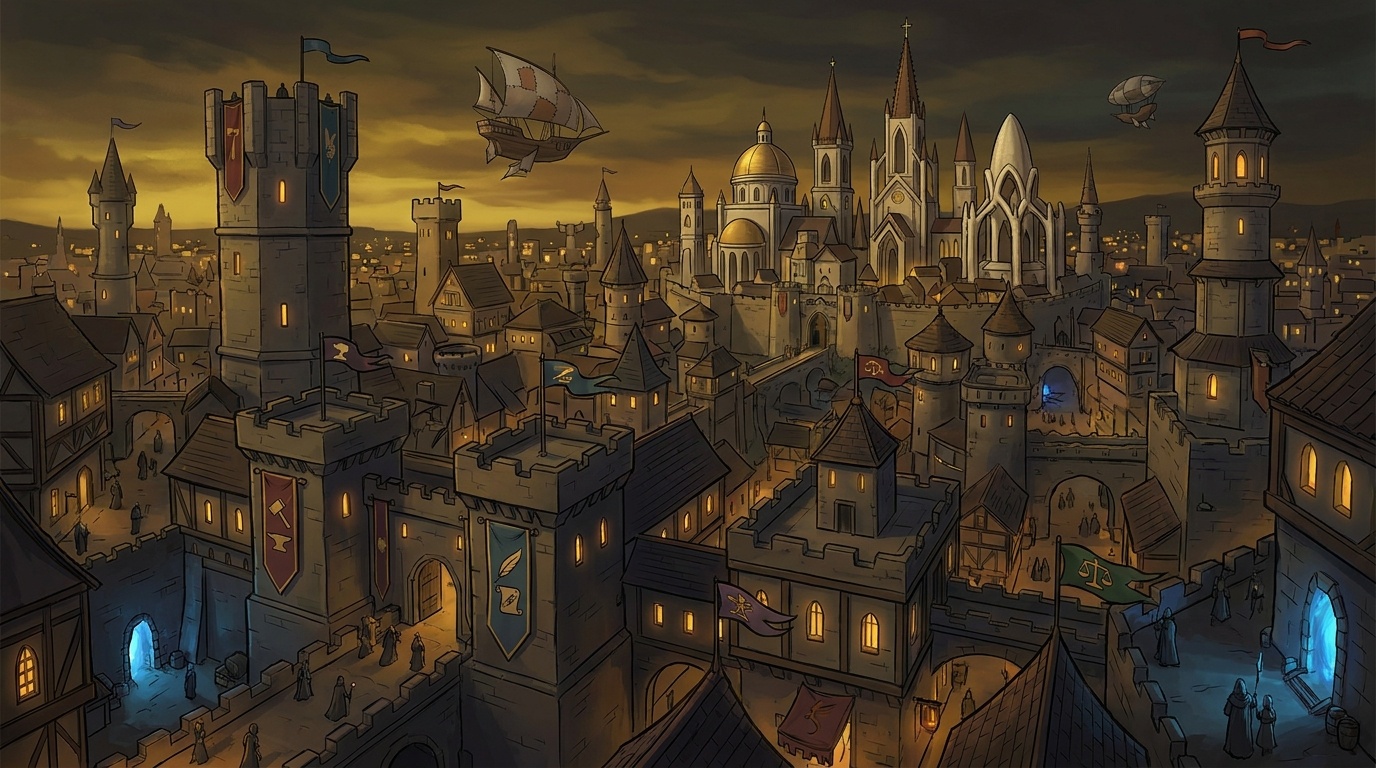 The Crown from above: the second largest city in the known world, every guild hall and faith's temple competing on the dense institutional skyline.