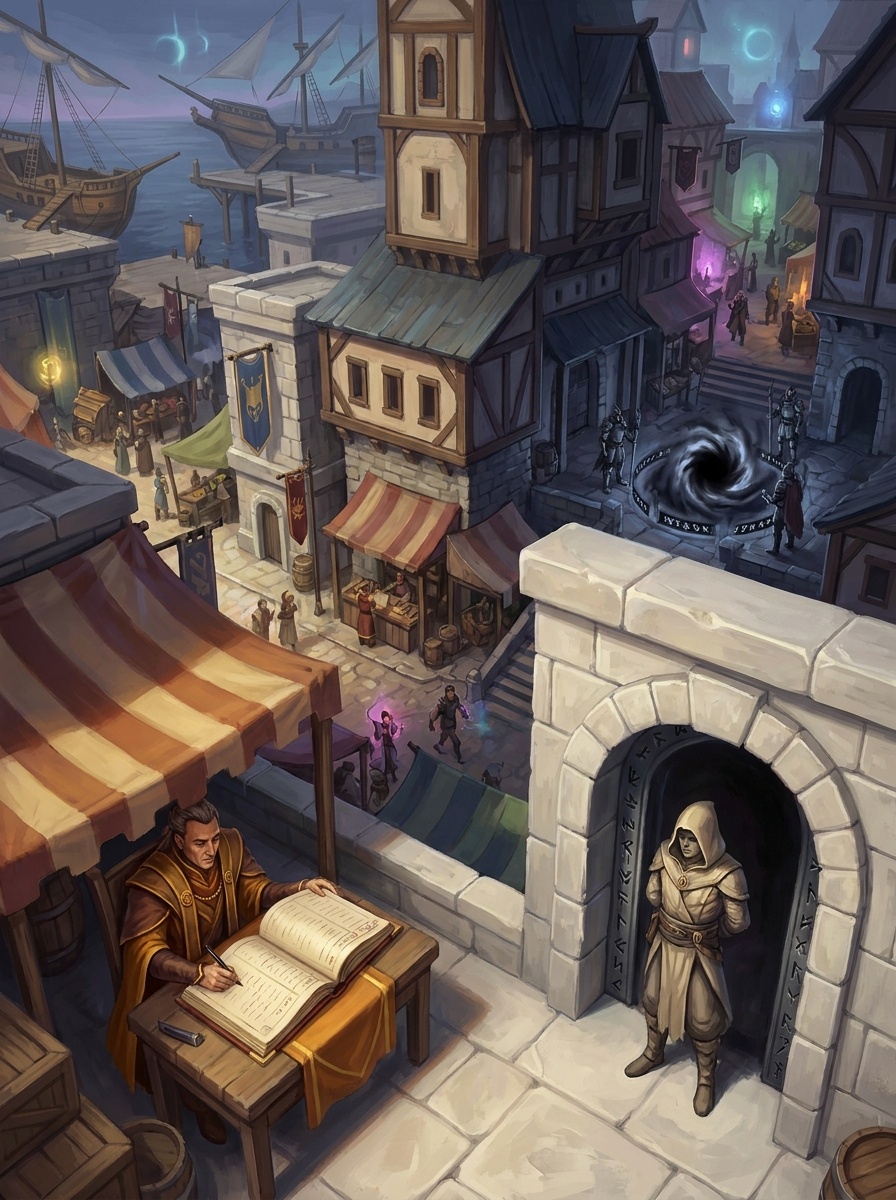 A GM's-eye view of an Irna city district where multiple pressure systems are active simultaneously: rift, Accord keeper, death-keeper, all running without the players.