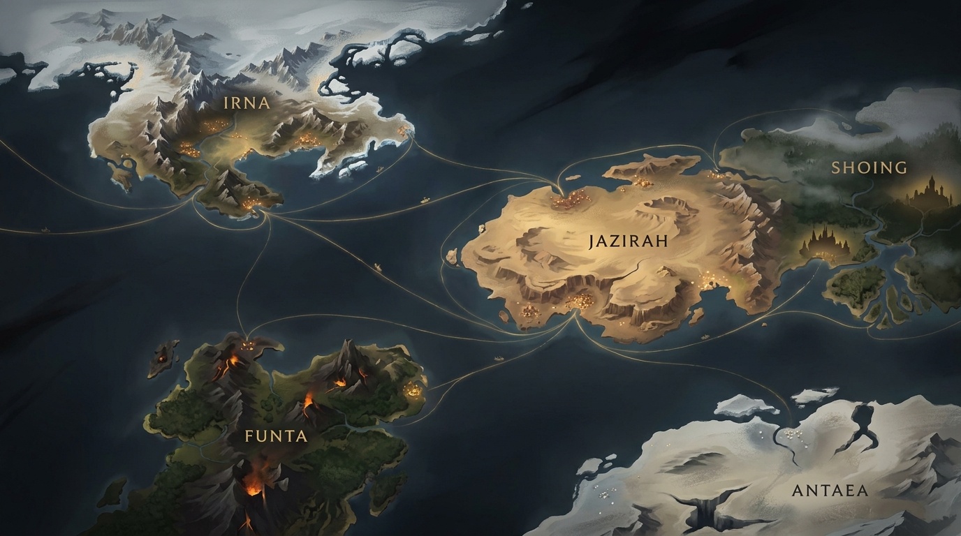 A stylized bird's-eye establishing view of Dort's major continents with aerial trade routes visible as golden lines in the sky.