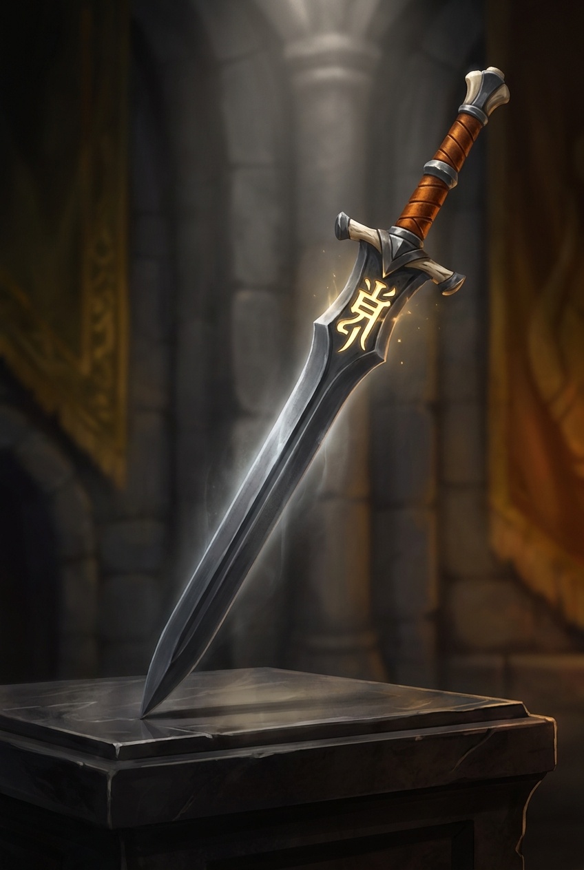 Shamshiel, a Zoranti longsword: the Ancient script character worked into the steel, the quality of attention in an aware weapon.