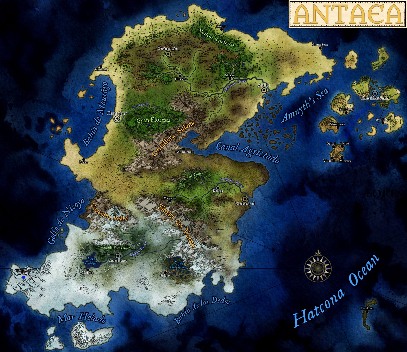 Regional map of Antaea: Orinokia, Zulie, Claragua, Matarrel, and Sendere, the Gran Floresta, the Cordillera Sulana and Sierra do Verno, the frozen south on the Mar Helado, and the five floating islands of The Heavens off the northeast coast.