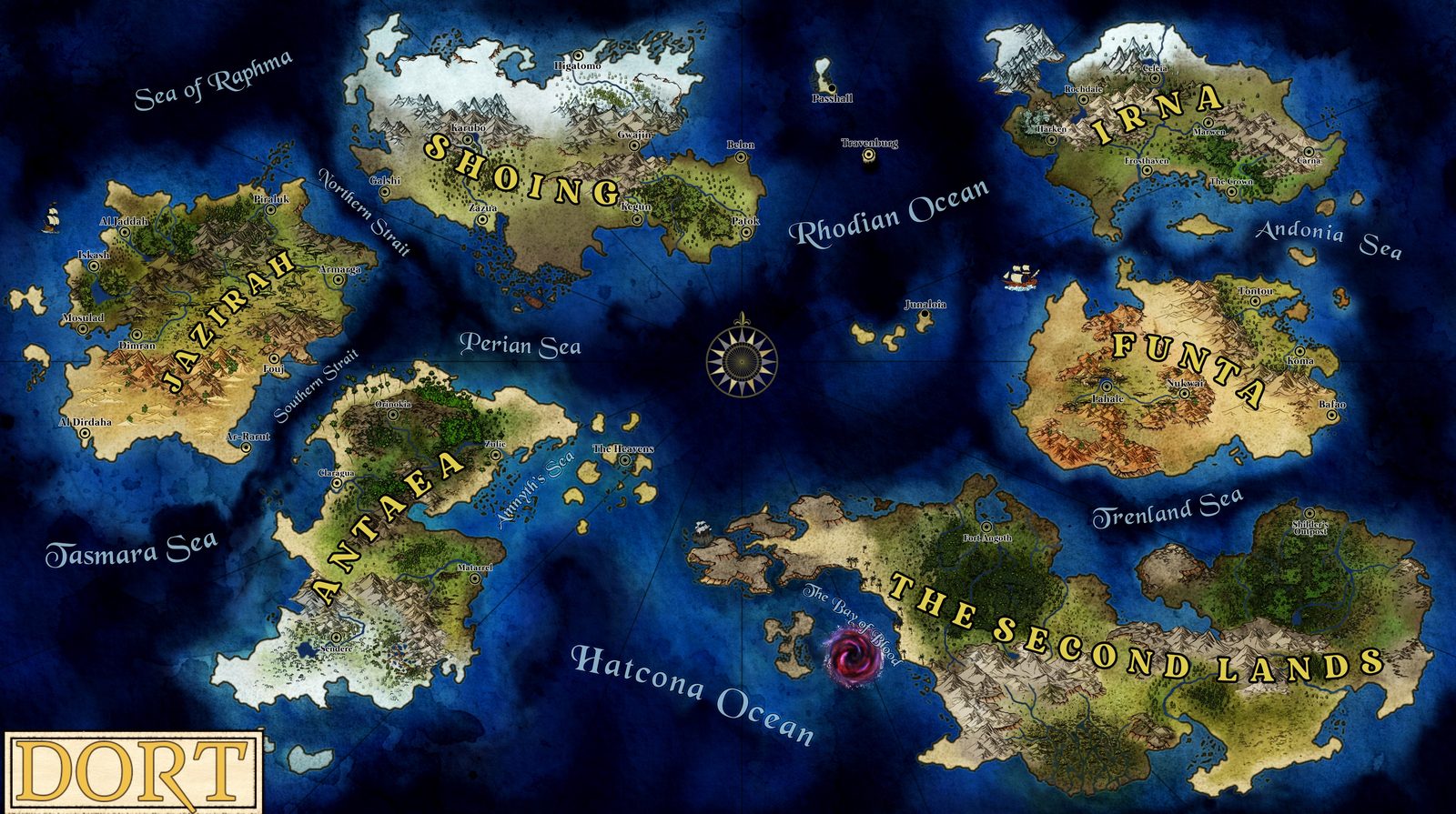 World map of Dort: the six lands of Irna, Shoing, Jazirah, Antaea, Funta, and the Second Lands around the Rhodian and Hatcona Oceans, with the island ports of the Oceanic Reaches between them, every sea named, and the planar disturbance in the Bay of Blood.
