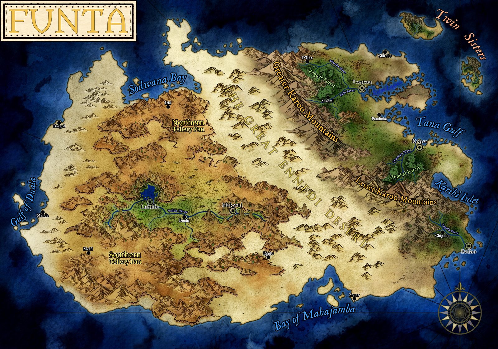 Regional map of Funta: LaHale, Nukwai, Tontou, Koma, and Bafao, the Great Ennedi Desert, the Greater and Lesser Karoo Mountains, and the Tellery Pans.
